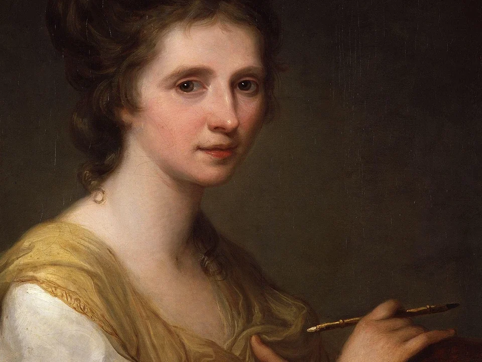 Ritratto di Angelika Kauffmann in abito chiaro con in mano un pennello