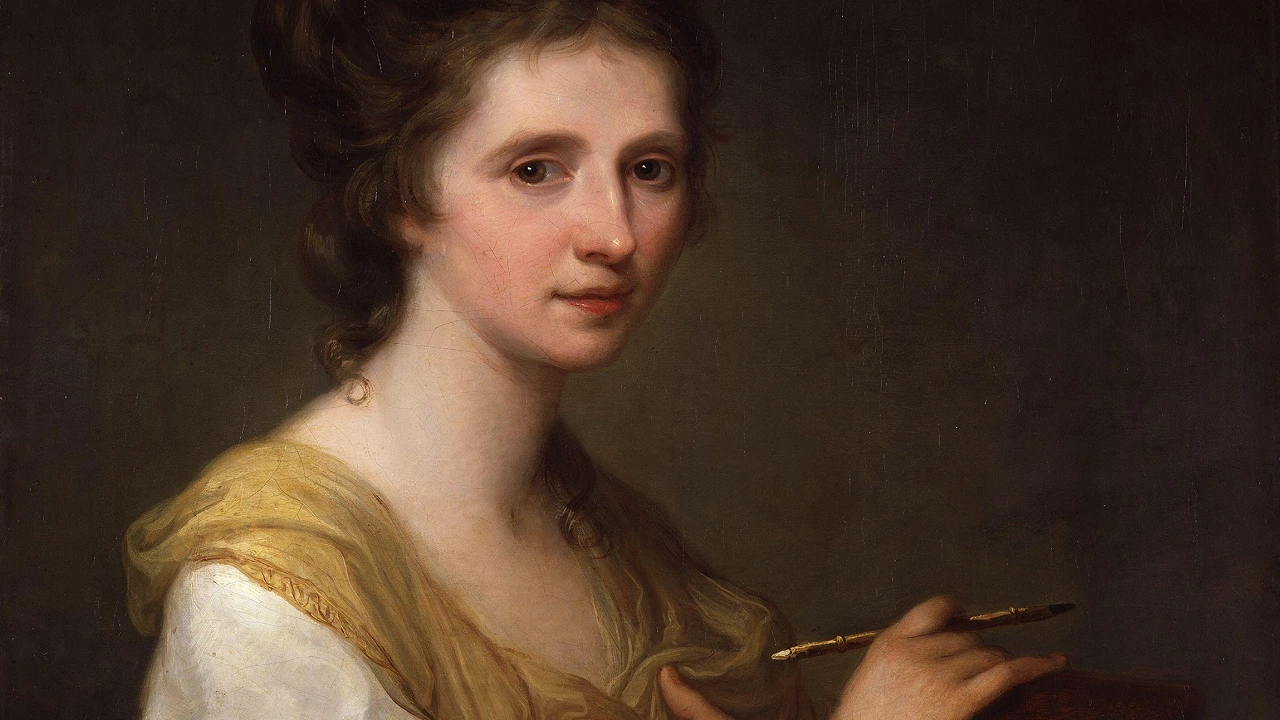 Ritratto di Angelika Kauffmann in abito chiaro con in mano un pennello