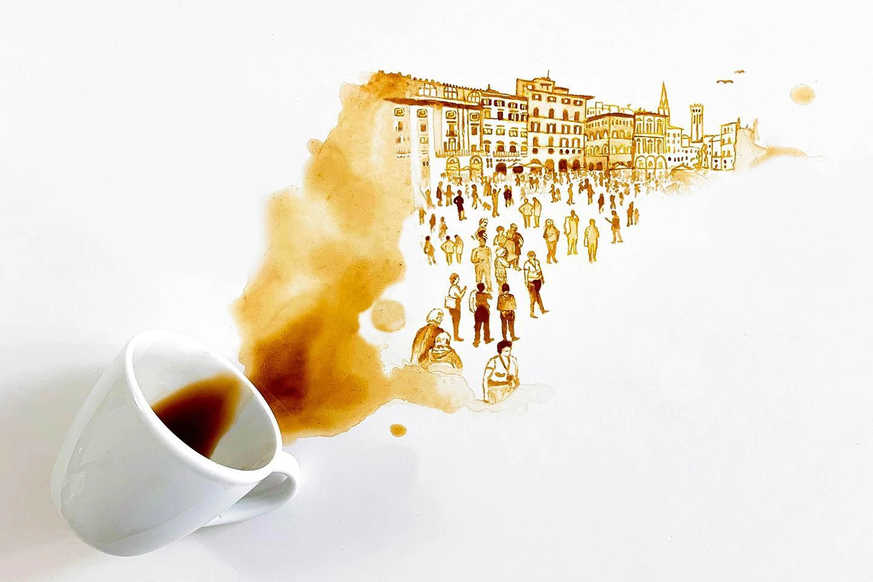 Opera di Giulia Bernardelli creata con macchie di caffè, raffigurante una piazza affollata e palazzi storici