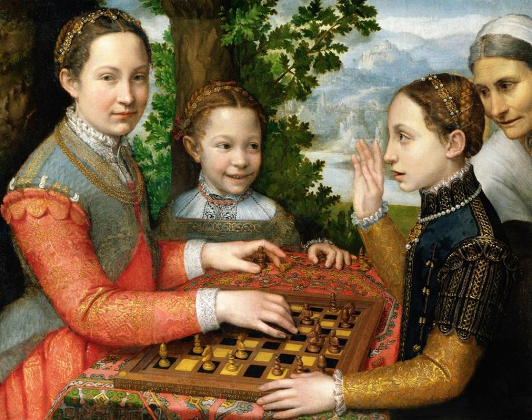 Partita a scacchi di Sofonisba Anguissola, dipinto rinascimentale raffigurante tre giovani donne e una donna anziana attorno a un tavolo